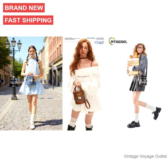 Retro Canvas Bucket Bag Cylinder Purse Shoulder Crossbody Handbag